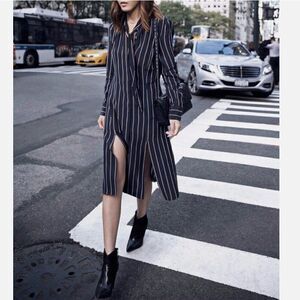 Frame Le Shirt Bow Tie Silk Dress Slit in Navy Vintage Stripe Women's XS